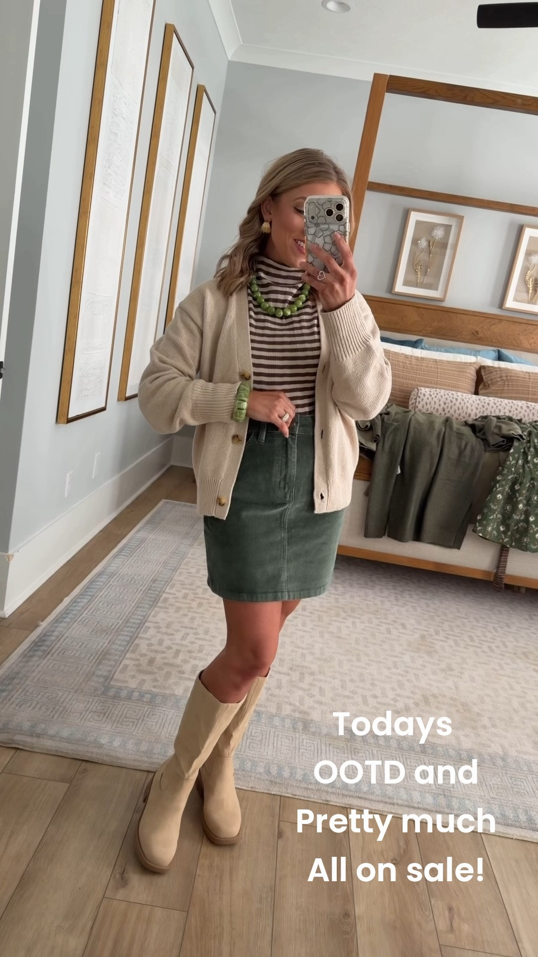 Today’s outfit is full of the BEST affordable fashion finds 🤎💚 So many pieces are on major sale right now!

My striped short sleeve mock neck top is only $9 on Target and the green beaded necklace is on sale for $16! 🙌🏼 Paired them with this Walmart green corduroy skirt that’s under $20 and the coziest neutral Walmart cardigan, now just $15.

And these Walmart boots?! 😍 They’re on sale for $24, regularly $45! Such a good neutral boot to wear with dresses, skirts and jeans all season long.

I love the mix of olive green, chocolate brown and cream in this look — such an easy, affordable outfit for this time of year! 🍂🤎

#WalmartFashion #WalmartFinds #WalmartStyle #TargetStyle #TargetFashion #TargetFinds #AffordableFashion #AffordableStyle #FallOutfit #FallFashion #CorduroySkirt #CardiganOutfit #WalmartBoots #OOTD #FallStyle