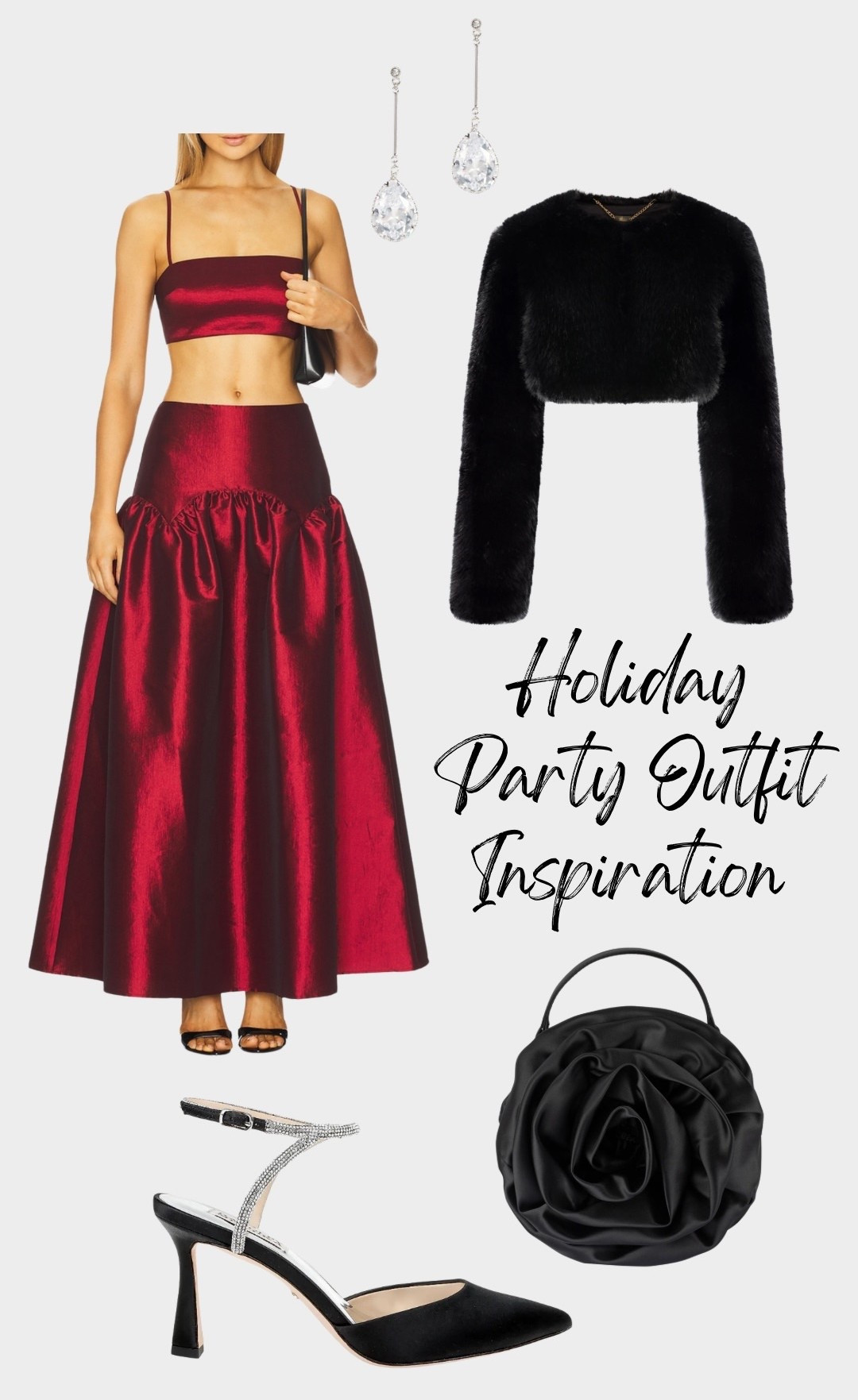 Christmas party, holiday party, Christmas party outfit, red skirt, red satin, black clutch, black handbag, faux fur coat, faux fur cropped jacket, rhinestone heels, black heels, holiday outfit, holiday party outfit, Christmas attire, Christmas outfit inspiration, red outfit, red set, cropped red top

#LTKHoliday #LTKSeasonal #LTKBeauty