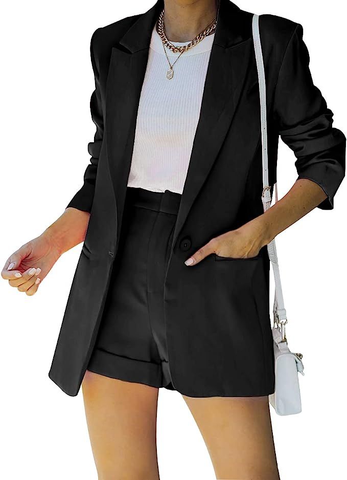 Amazon.com: Women's 2 Piece Open Front Long Sleeve Blazer and Solid Short Pants Suit Sets Black :... | Amazon (US)