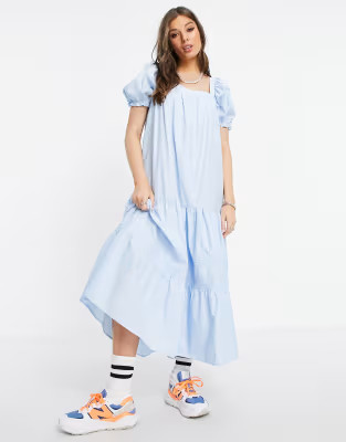 Stradivarius puff sleeve midi smock dress in blue | ASOS (Global)
