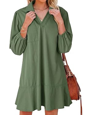 Dokotoo Denim Dress for Women Fall 3/4 Puff Sleeve Babydoll Jean Dress | V Neck, Mini Length, 202... | Amazon (US)