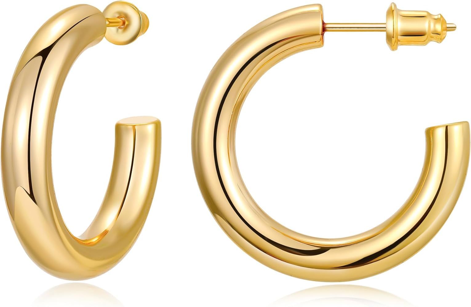 Gacimy Chunky Gold Hoop Earrings for Women 14K Real Gold Plated, 925 Sterling Silver Post Gold Hoops for Women | Amazon (US)