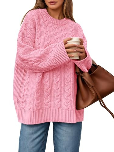 Saodimallsu Womens Cable Knit Sweater Oversized Long Sleeve Chunky Knit Crew Neck Fall Pullover Sweaters Top Pink | Amazon (US)