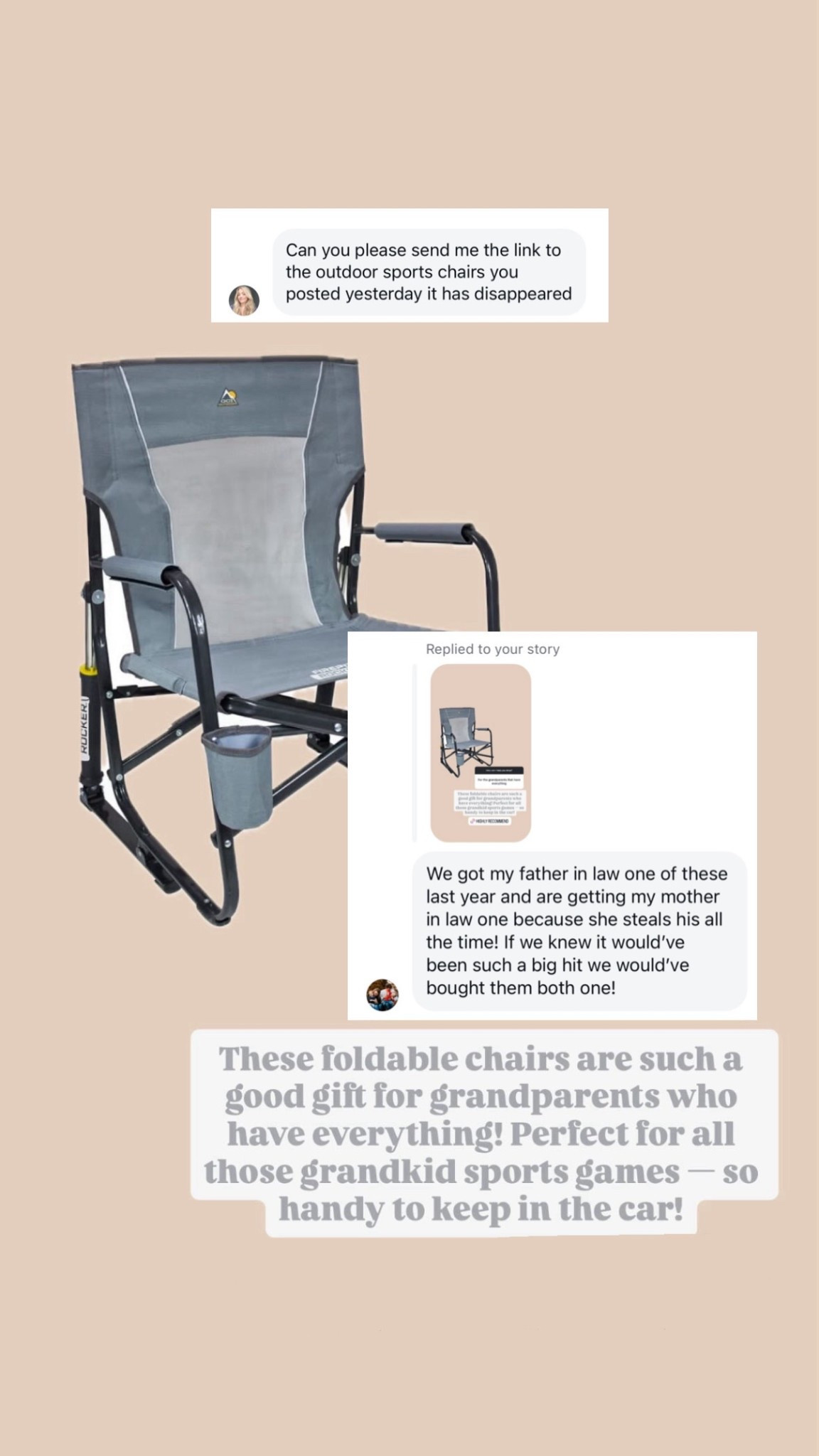 These foldable chairs are the best gift for a grandparent who already has everything! They can keep these in their car to have on hand whenever they might need them!

Loverly Grey, Gift Ideas, For Grandparents 

#LTKFindsUnder100 #LTKGiftGuide