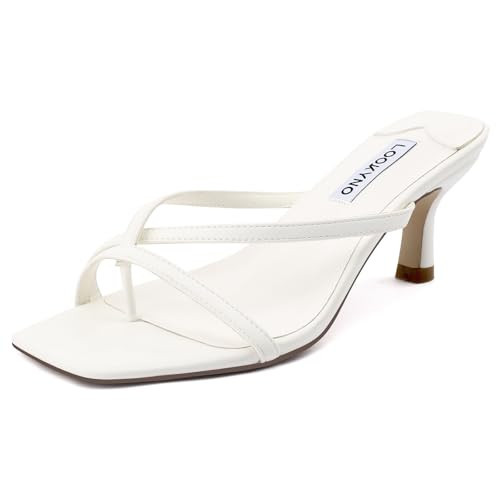 Lookyno Strappy Kitten Heels for Women Square Open Toe Heeled Thong Sandals Low Heel Sexy Trendy Flip Flop Party Casual, White, 7.5 | Amazon (US)