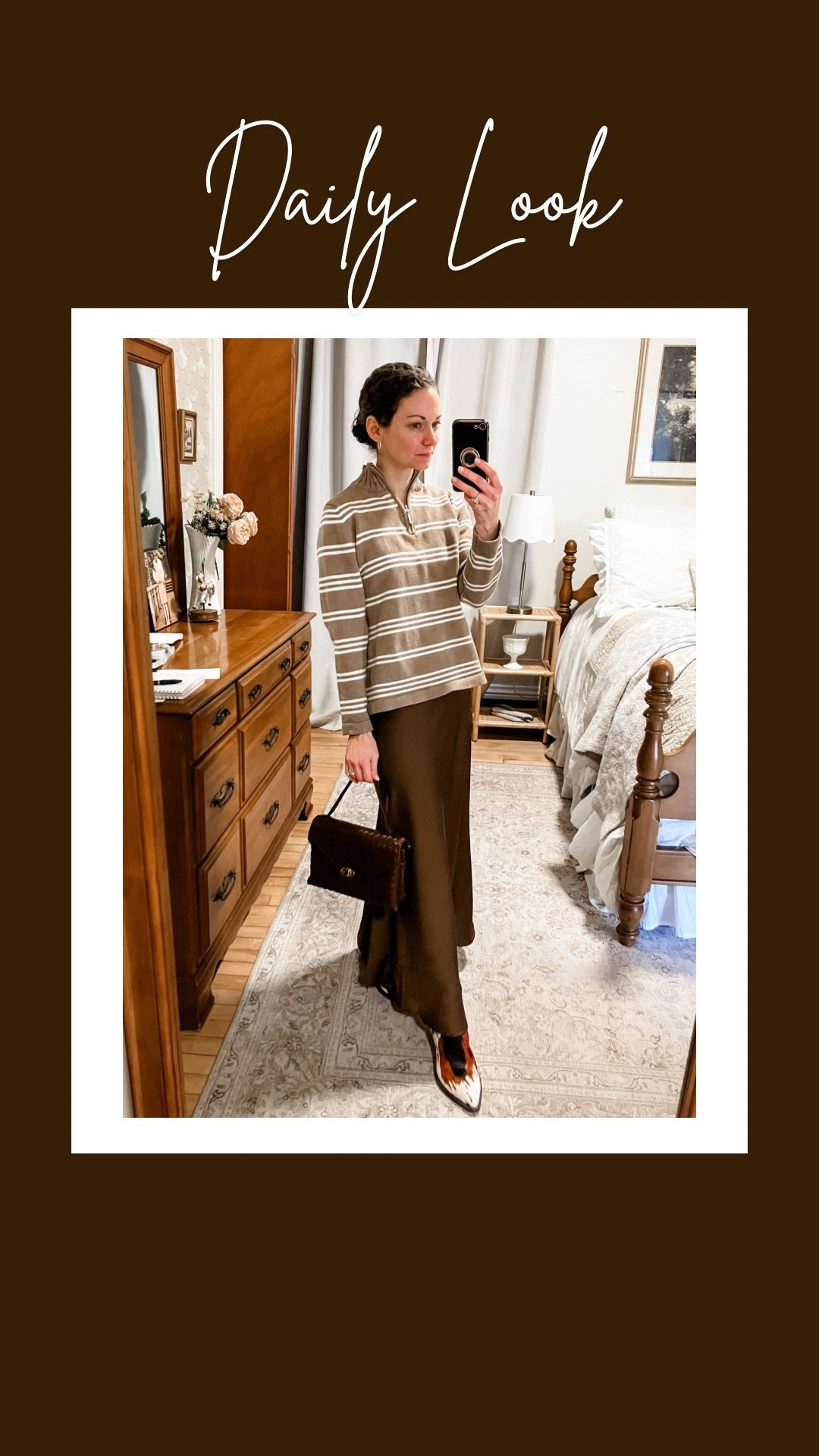 An all chocolate brown look for the day!
Brown and white stripe cotton sweater is old, linking similar. 
Chocolate brown satin maxi skirt from Amazon. 
Silver braided hoop earrings from a local boutique, linking similar. 
Large citrine and white sapphire ring from Nordstrom. 
Brown woven handbag from Moda Luxe. 
Brown calf hair booties from @marcnolan 
Chocolate brown outfit. Neutral outfit. Monochromatic outfit. Classic outfit. Modest outfit  

#LTKPetite #LTKgrwm #LTKootd
