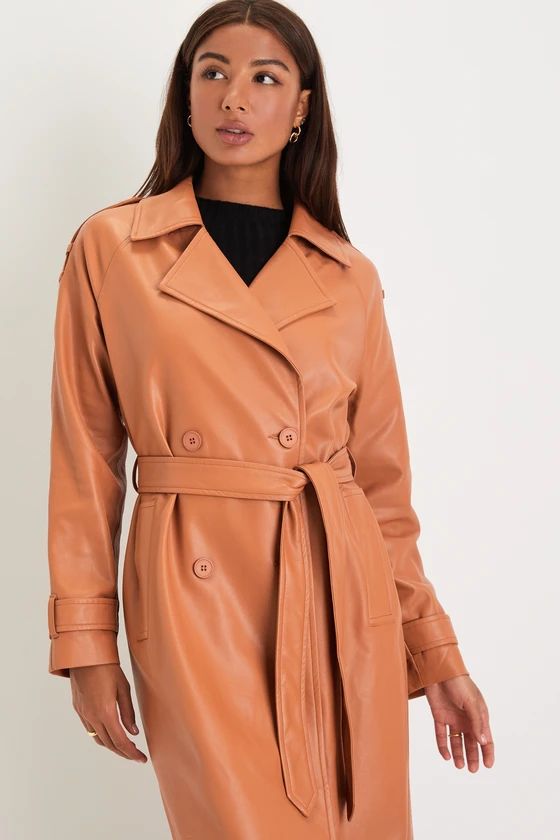 Sleek Warmth Tan Vegan Leather Double-Breasted Trench Coat | Lulus