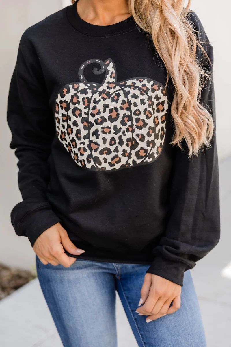 Animal Print Pumpkin Graphic Black Sweatshirt | The Pink Lily Boutique