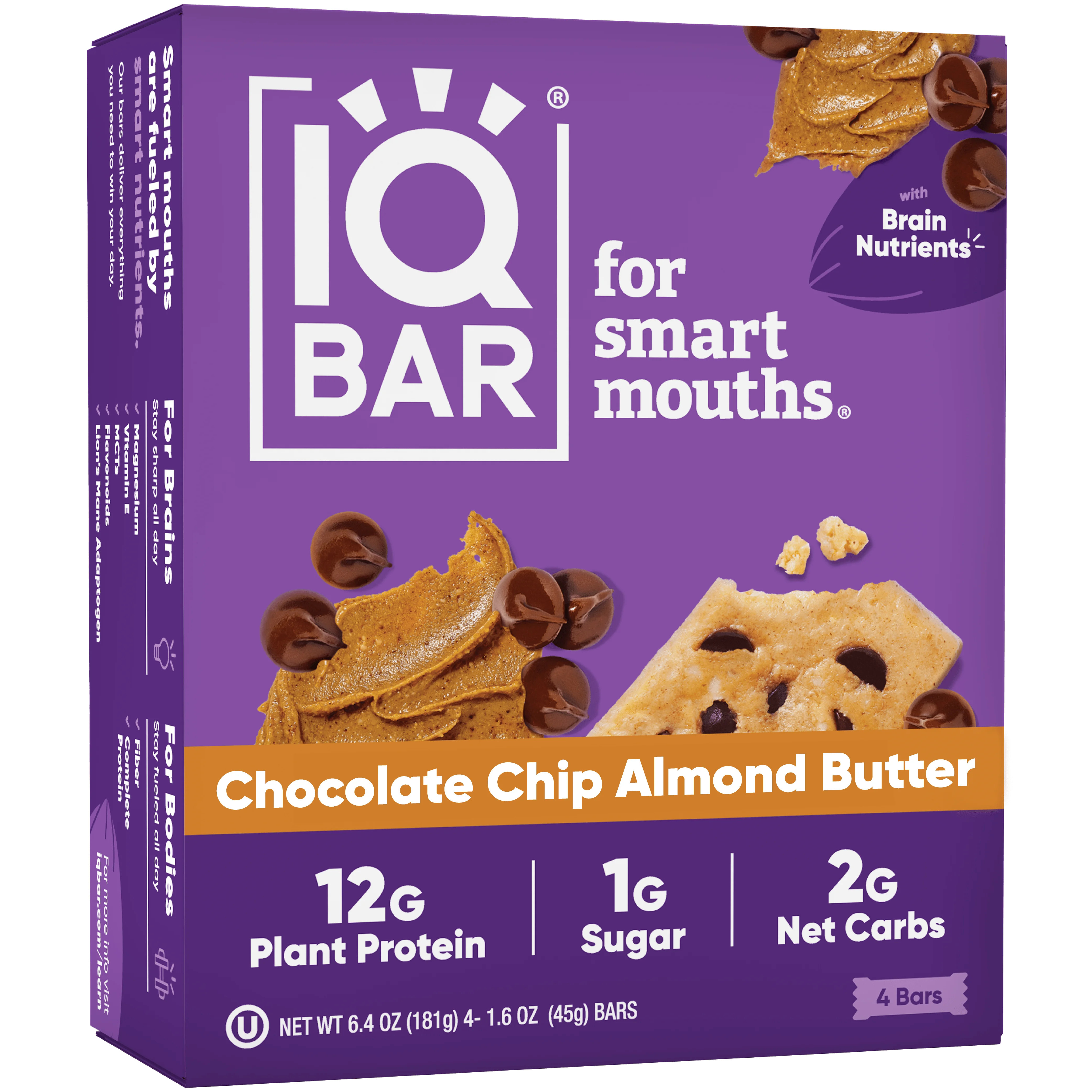 IQBAR Chocolate Chip Almond Butter Protein Bars - Vegan Energy Bars - High-Fiber Vegan Snacks - 4... | Walmart (US)