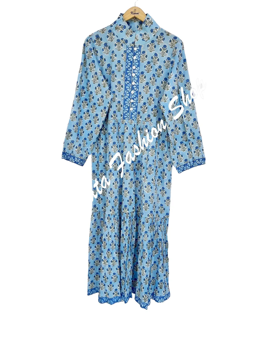 cotton blue floral printed women's maxi dress - collared neckline maxi dress - indian dress with ... | Etsy (US)