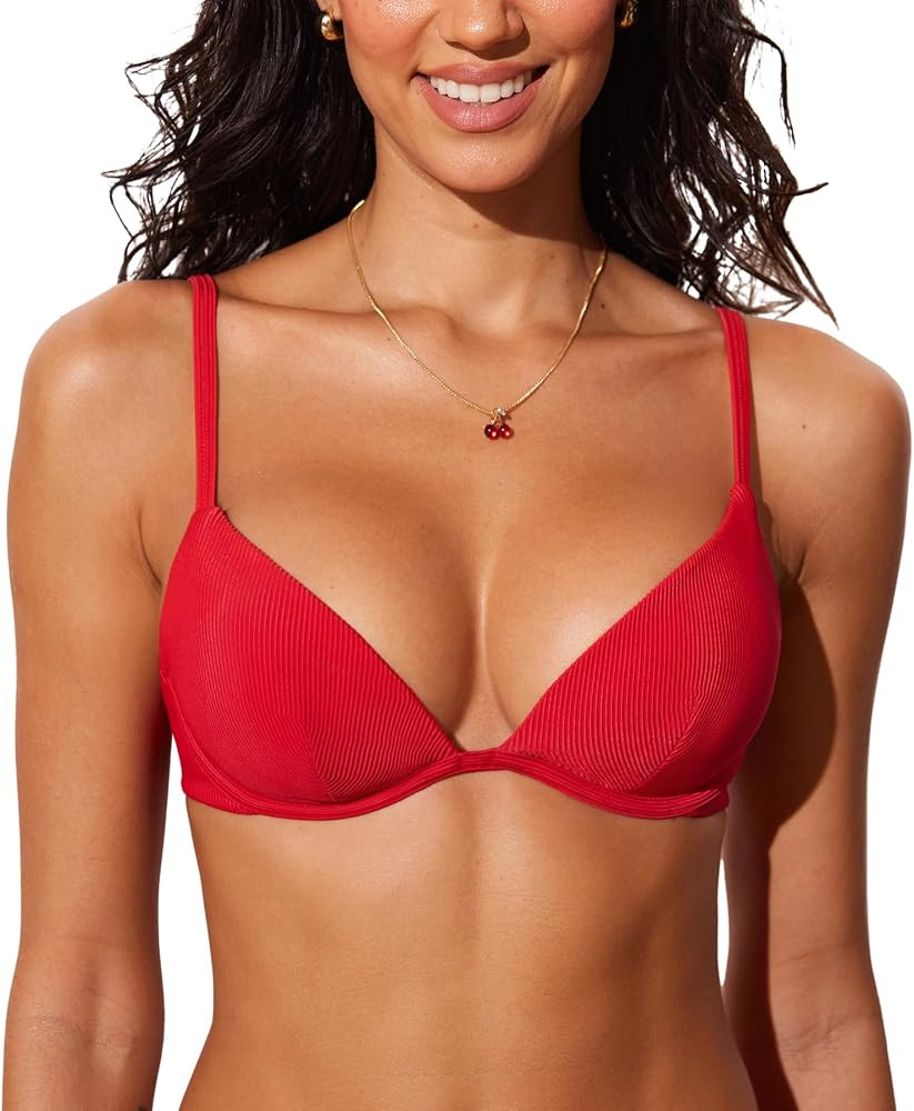 DOBREVA Women's Underwire Triangle Bikini Top Unpadded Plunge Bathing Suit Tops Ribbed Swimsuits ... | Amazon (US)