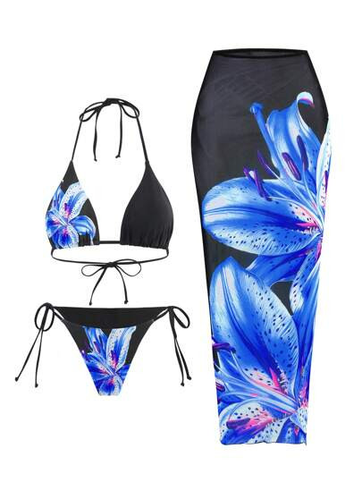 Women's 3-Piece Swimsuit Set: Spaghetti Strap Triangle Bikini Top, Tie-Side Bottom Briefs, And Lo... | SHEIN