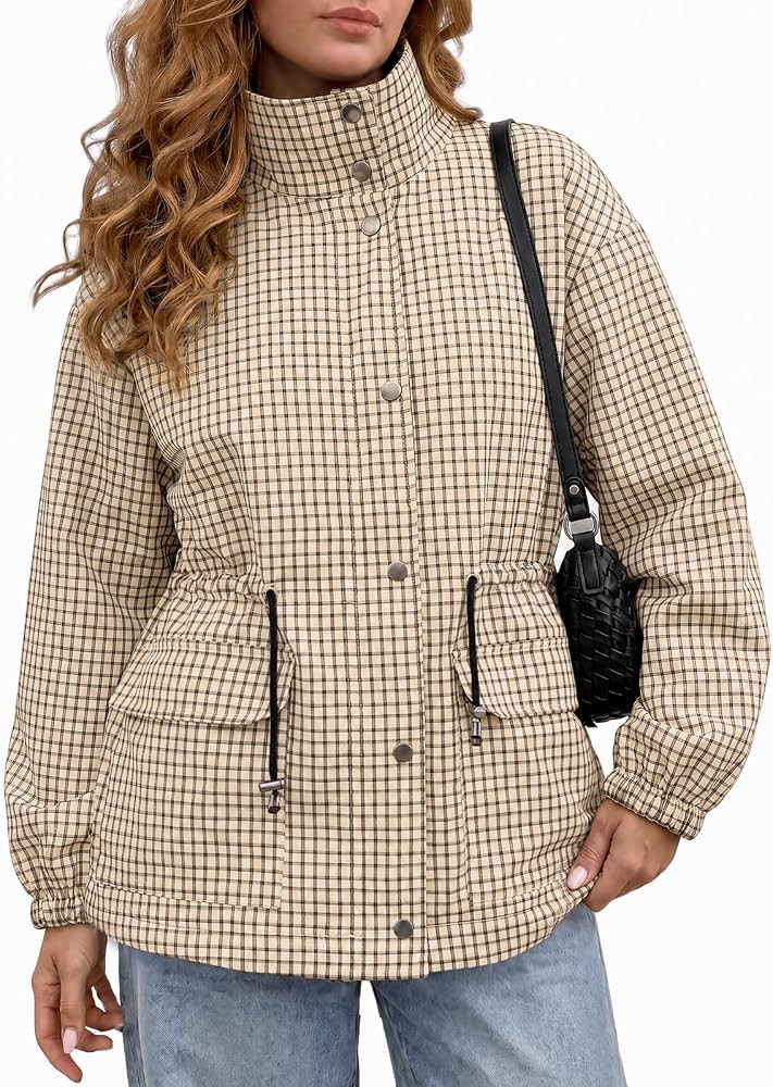 Tankaneo Womens Plaid Zip Up Jackets Casual Fall Windproof Trench Coats | Amazon (US)