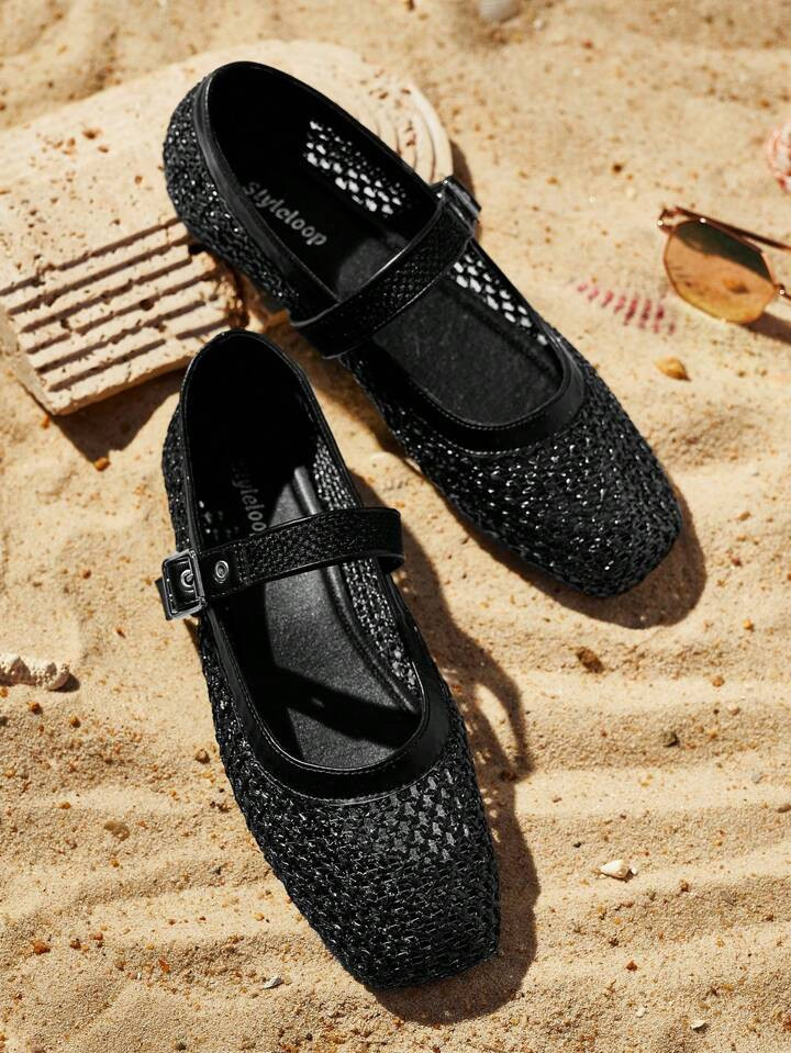 Styleloop Women's Round Toe Low Heel Apricot Woven Grid Fabric Fashionable Minimalist Chic Aprico... | SHEIN