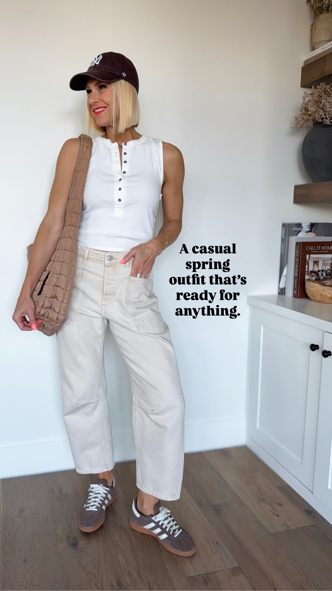 Neutral, mix n match basics I’m wearing on repeat for spring! Love the contrasting buttons in this tank, super-flattering barrel jeans in ecru (for the non-white jeans girlies) my go-to brown @adidas 
Tank fits tts
Size down in jeans 
Size down 1/2 size in adidas’s 


#LTKmomlife #LTKMothersDay #LTKootd