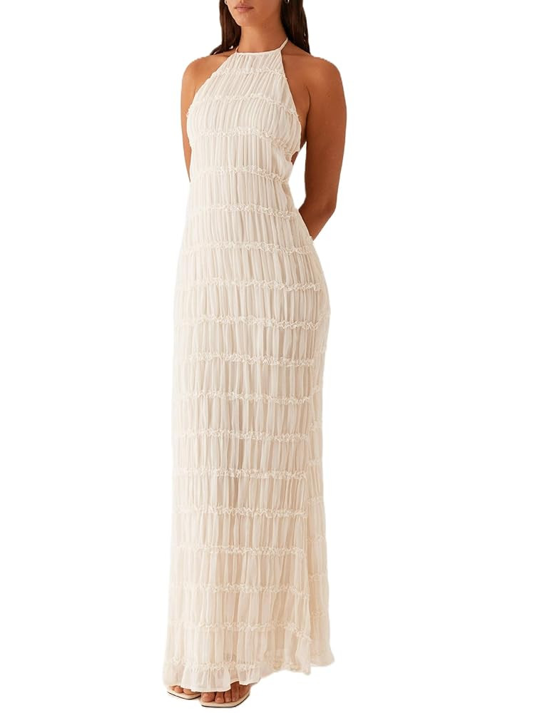 Women Y2k Backless Long Dress Halter Tie Neck Maxi Dress Flowy Beach Sundress Summer Streetwear | Amazon (US)