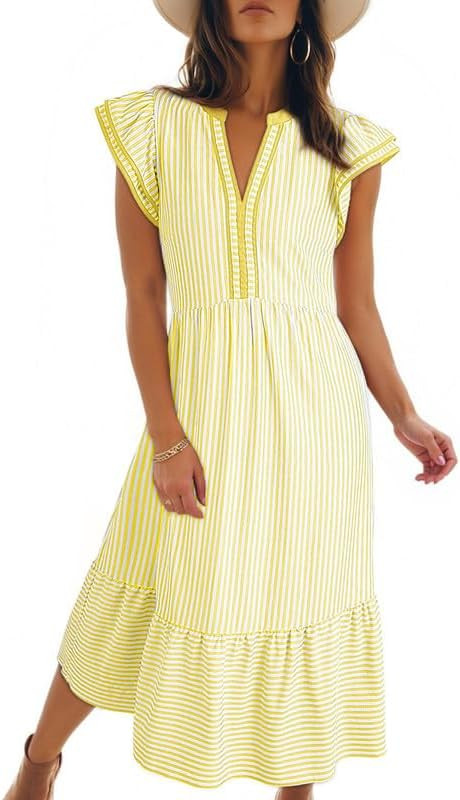 Dokotoo Womens Dresses 2026 Summer V-Neck Ruffle Cap Sleeve Empire Waist Flowy Striped Beach Midi... | Amazon (US)
