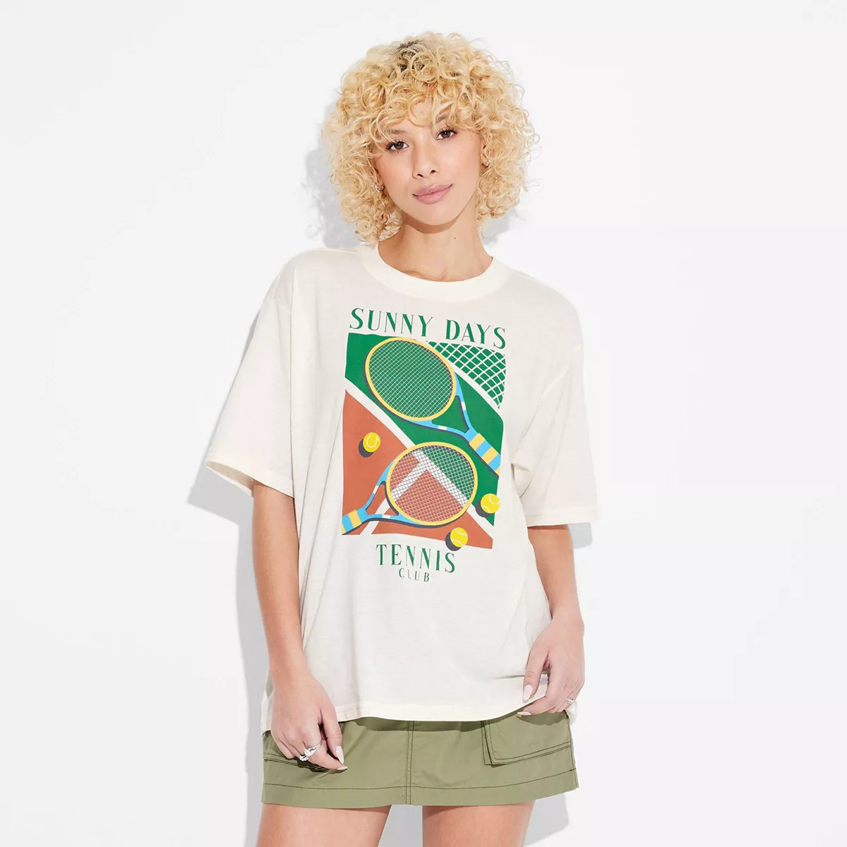 Women's Sunny Days Tennis Club Short Sleeve Graphic Boyfriend T-Shirt - Off-White XS | Target