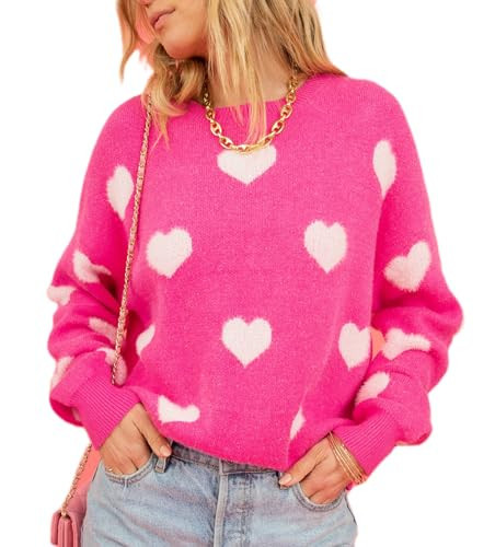 Women's Cute Heart Sweater Love Print Valentines Day Knitted Top Casual Crewneck Long Sleeve Sweaters Pullover(Rose Pink 77,S) | Amazon (US)