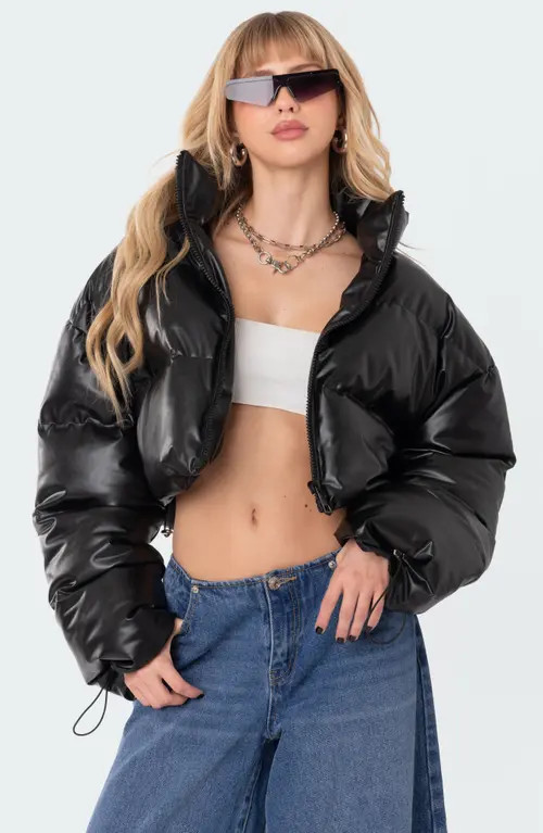 EDIKTED Dusk Crop Faux Leather Puffer Jacket in Black at Nordstrom, Size Small | Nordstrom