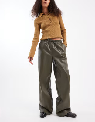 Vero Moda tie waist wide leg faux leather pants in khaki | ASOS (Global)