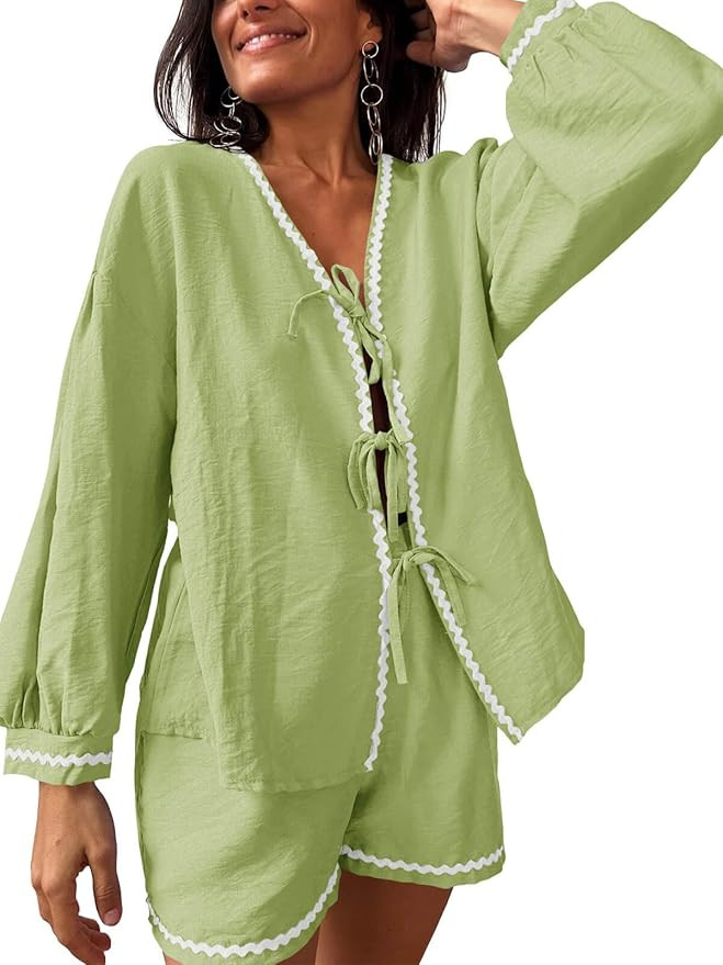 Tankaneo Womens 2 Piece Pajama Lounge Linen Set Tie Front Long Sleeve Shirt Shorts Sets Vacation ... | Amazon (US)