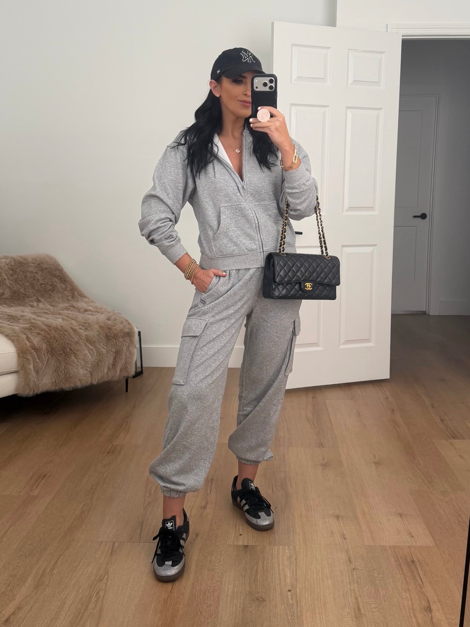 Cozy Fleece Full Zip Hoodie wearing size small. Year Round Terry Cargo Jogger wearing size small. 