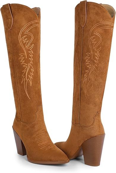 ISNOM Women's Western Boots Knee High Boots, Cowboy Cowgirl Embroidered Chunky Block Heel Pointed To | Amazon (US)