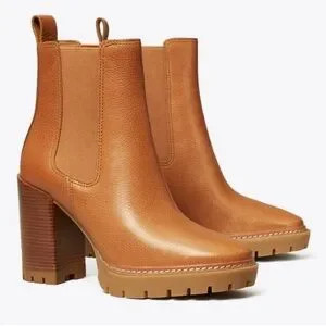 TORY BURCH Carson Lug Sole High Heel Boots Toasted Caramel Size 9.5 | Poshmark