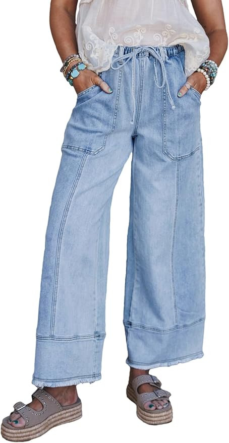 SHEWIN Women's Wide Leg Jeans High Waisted Baggy Jeans Stretchy Drawstring Denim Pants | Amazon (US)