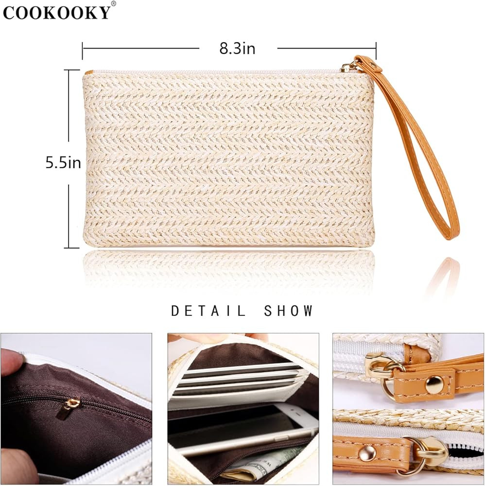 COOKOOKY Womens Straw Clutch Bag Bohemian Summer Beach Straw Purse Zipper Wristlet Wallets for Wo... | Amazon (US)