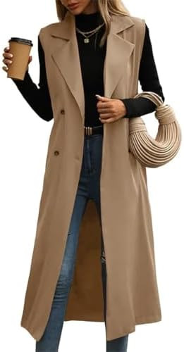 Womens Long Vest Casual Double Breasted Sleeveless Trench Coat Jackets | Amazon (US)
