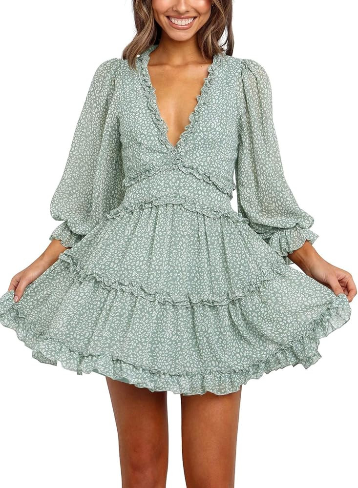 Happy Sailed Womens Spring Summer Long Sleeve Dress 2023 Deep V Neck Ruffle Layer Swing Mini Dres... | Amazon (US)