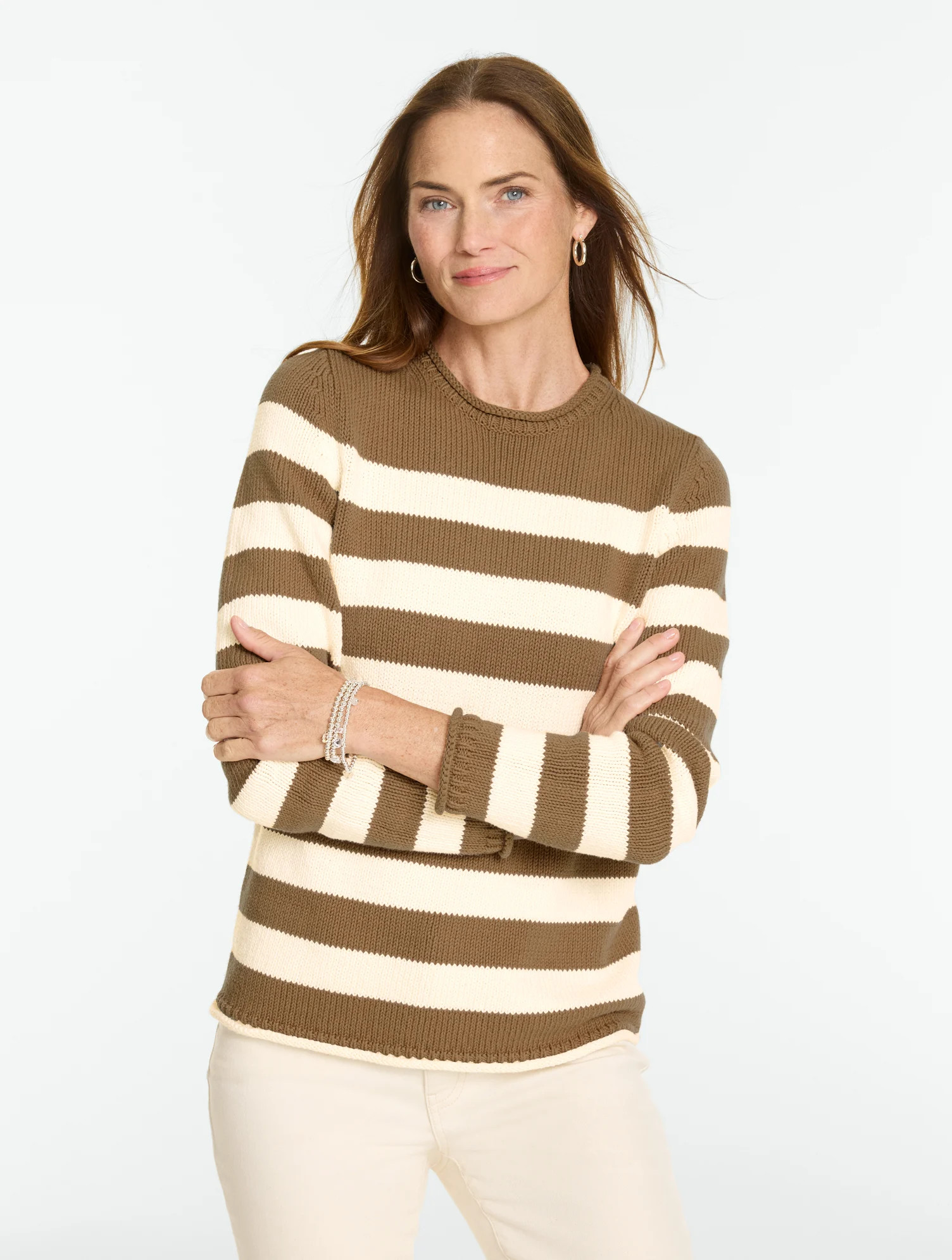 Plus Size - The Classic Roll Neck Sweater - Breton Stripe - Clematis Blue/Ivory - 1X - 100% Cotton Talbots | Talbots