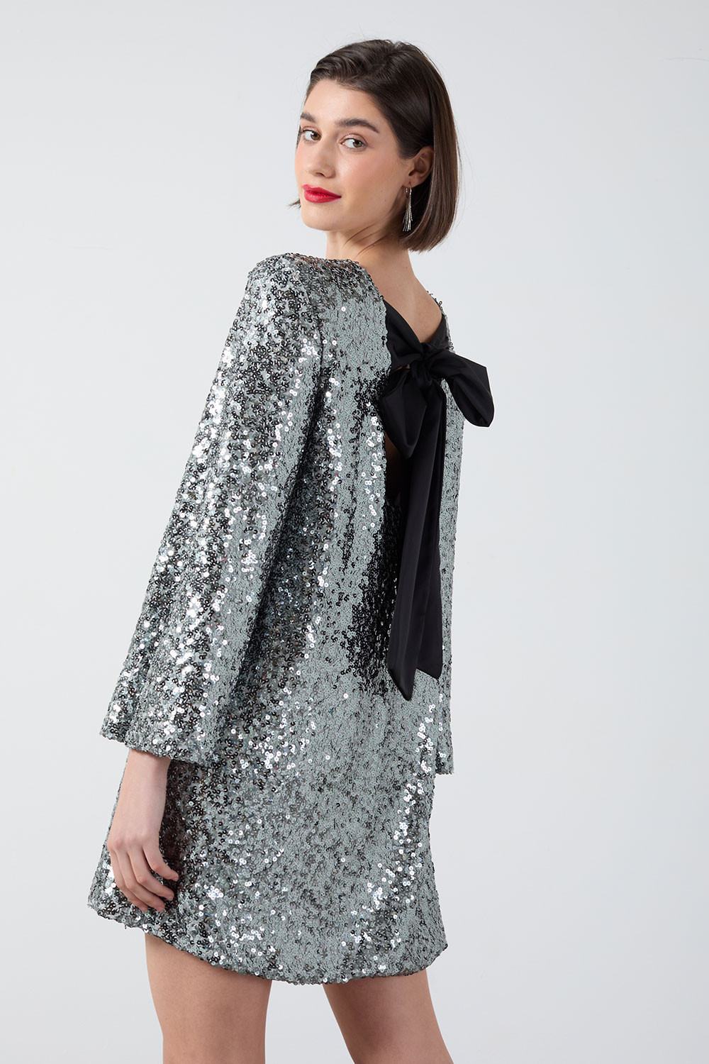 Jude Sequin Bow Back Dress in Silver | iCLOTHING