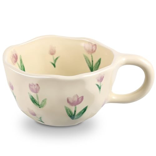 NAYAHOSE Ceramic Coffee Mug, Creative Cute Coffee Mugs Handheld Irregular Aesthetic Flower Ceramic Mug for Women Latte Tea Milk Oats Cup Breakfast Cups，8.5 oz/250 ml (Purple Tulip) | Amazon (US)