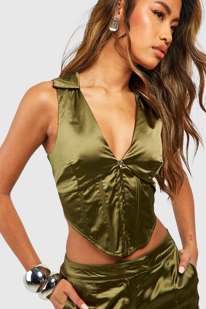 Satin Zip Halter Corset Detail Vest | boohoo (US & Canada)