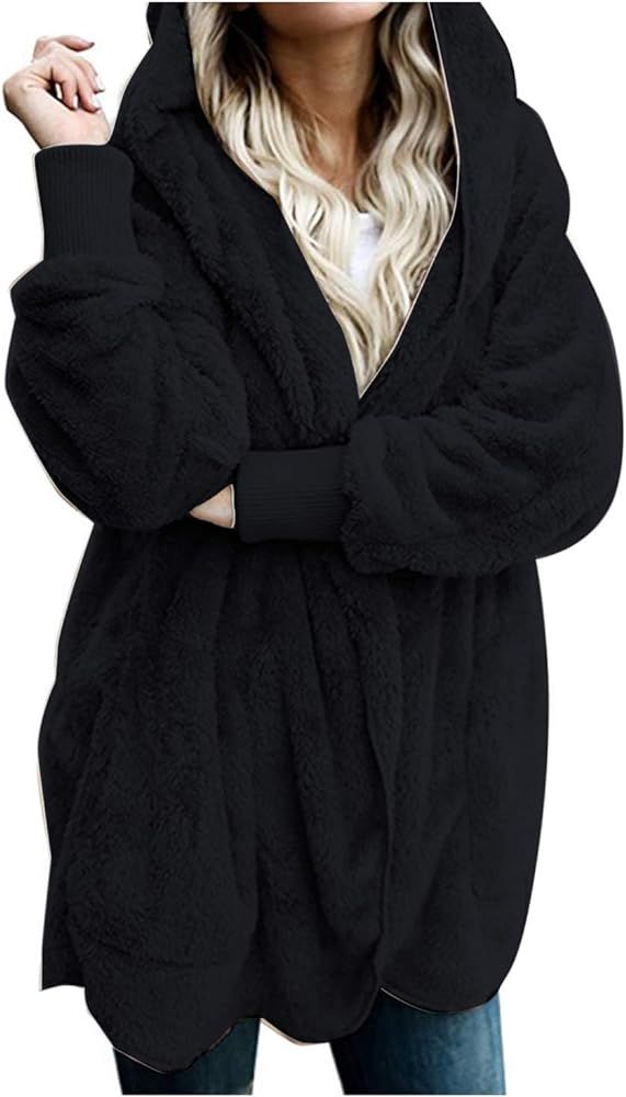 Women Hooded Cardigan Fuzzy Jacket Winter Open Front Fleece Coat Outwear with Pockets | Amazon (US)