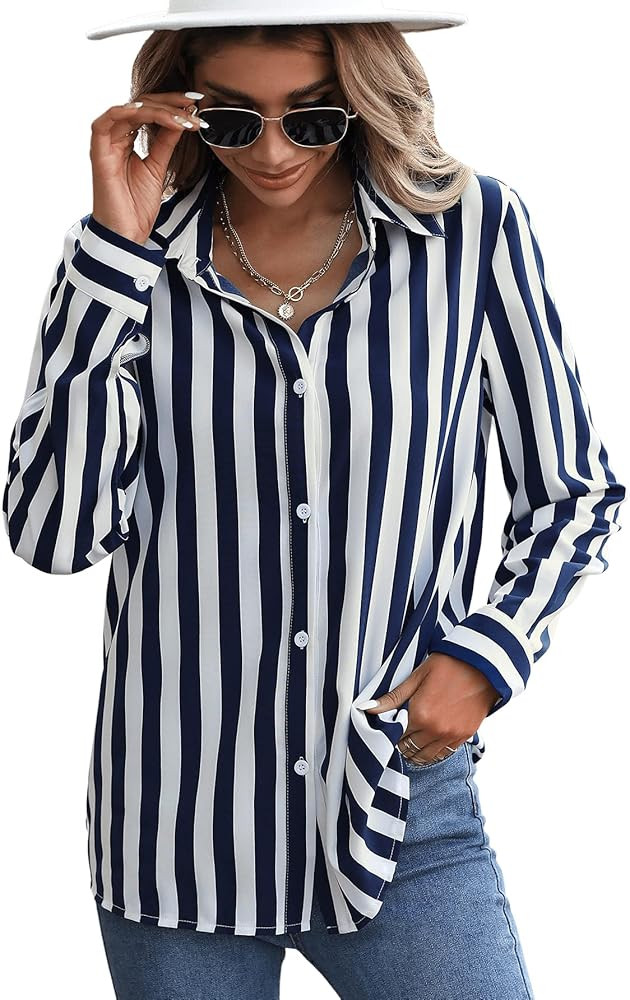 SweatyRocks Women's Casual Long Sleeve Striped Button Front Collared Blouse Shirt | Amazon (US)