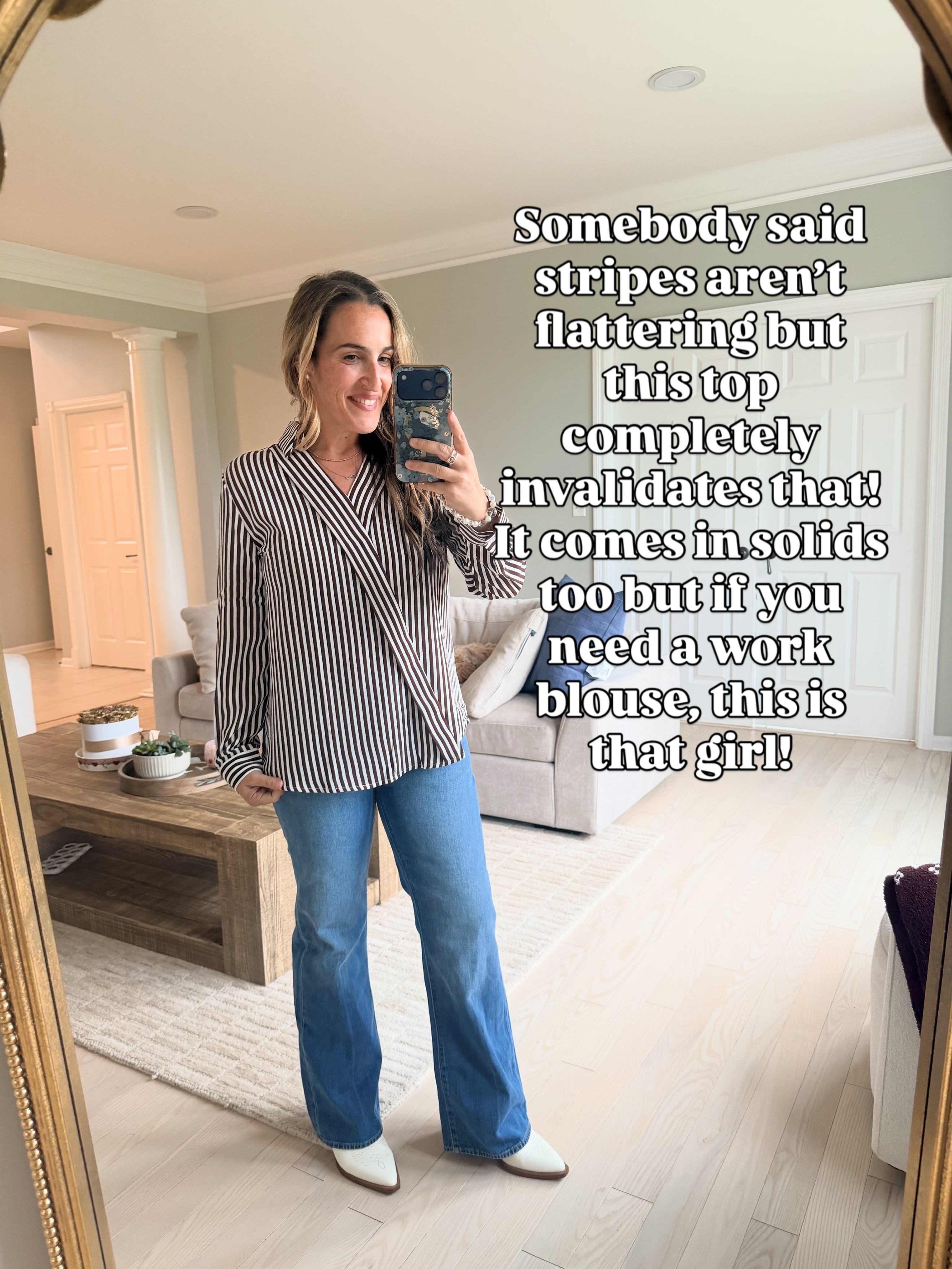 Wearing a size medium in all. Great #businesscasual top. I love the cross detail. #classic top that would work great in a #fallcapsulewardrobe #stripedtop 

 #LTKootd #LTKOver40 #LTKWorkwear