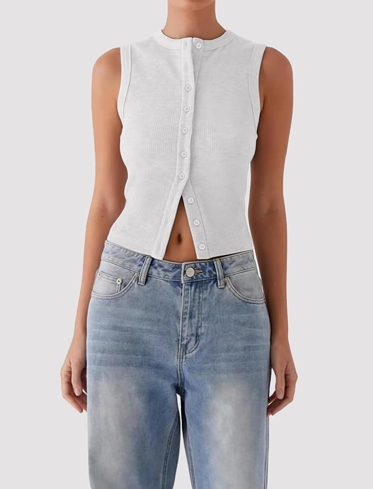 Womens Going Out Tops Summer Spring Ribbed Tank Sexy Crop Cute Y2K Button Down T Shirts Fashion C... | Amazon (US)