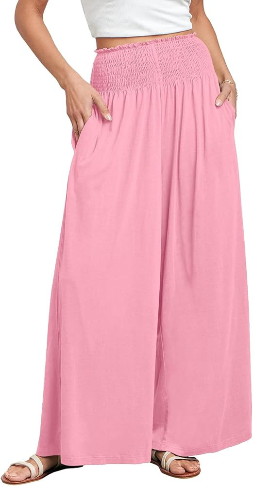 ANRABESS Women Palazzo Pants Summer Boho Bagyy Wide Leg High Smocked Waist Casual Loose Lounge Pa... | Amazon (US)