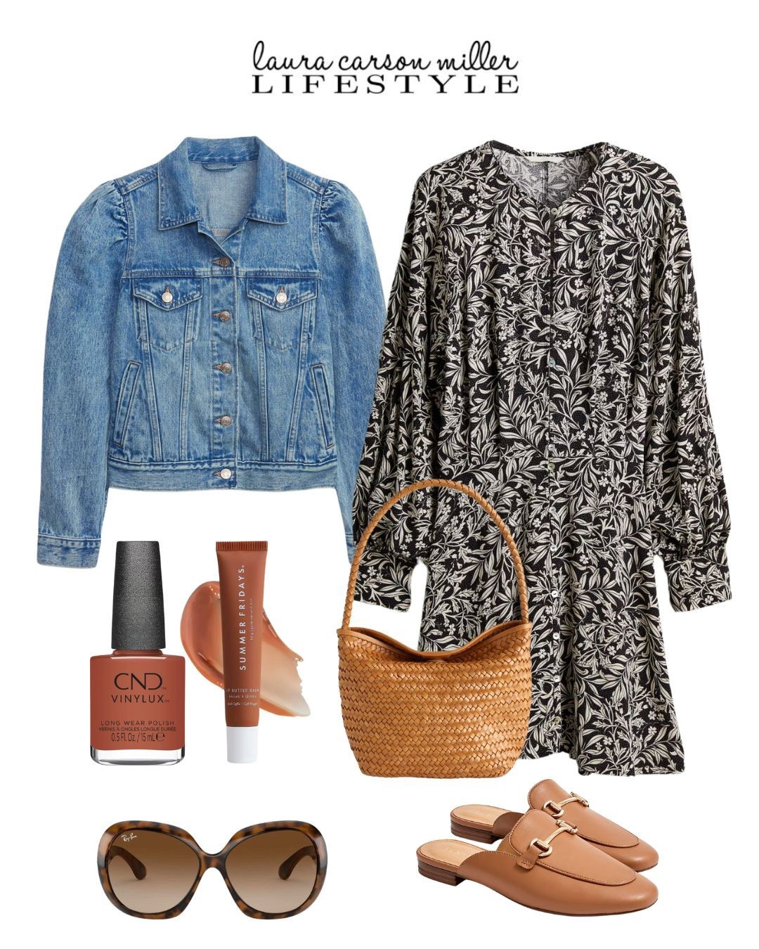 Dress, denim jacket, mules, sunglasses, woven bag, beauty, spring beauty,  action outfit, Easter outfit, office outfit, work outfit, Laura carson miller 

#LTKFindsUnder50 #LTKItBag #LTKBeauty