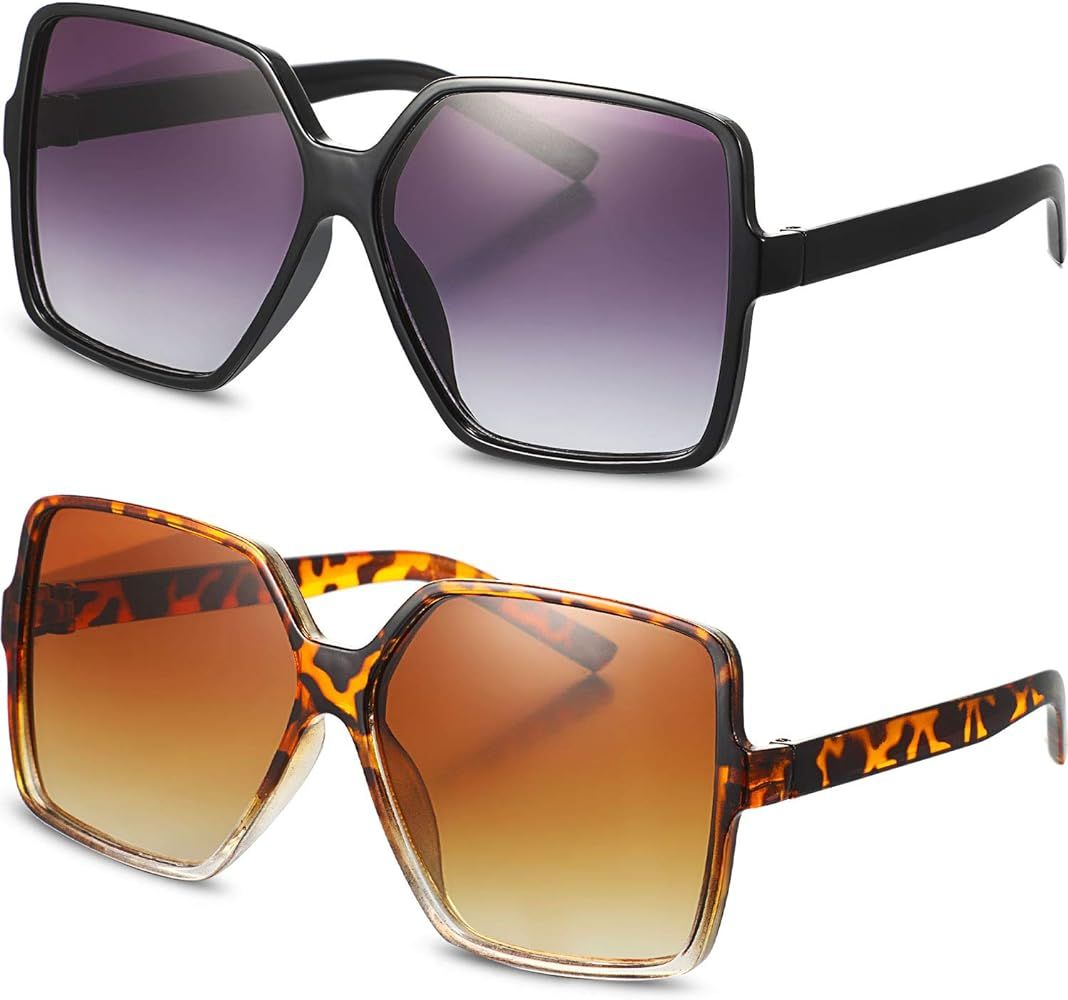 2 Pairs Oversized Square Sunglasses Big Large Wide Retro Vintage Shades for Women | Amazon (US)