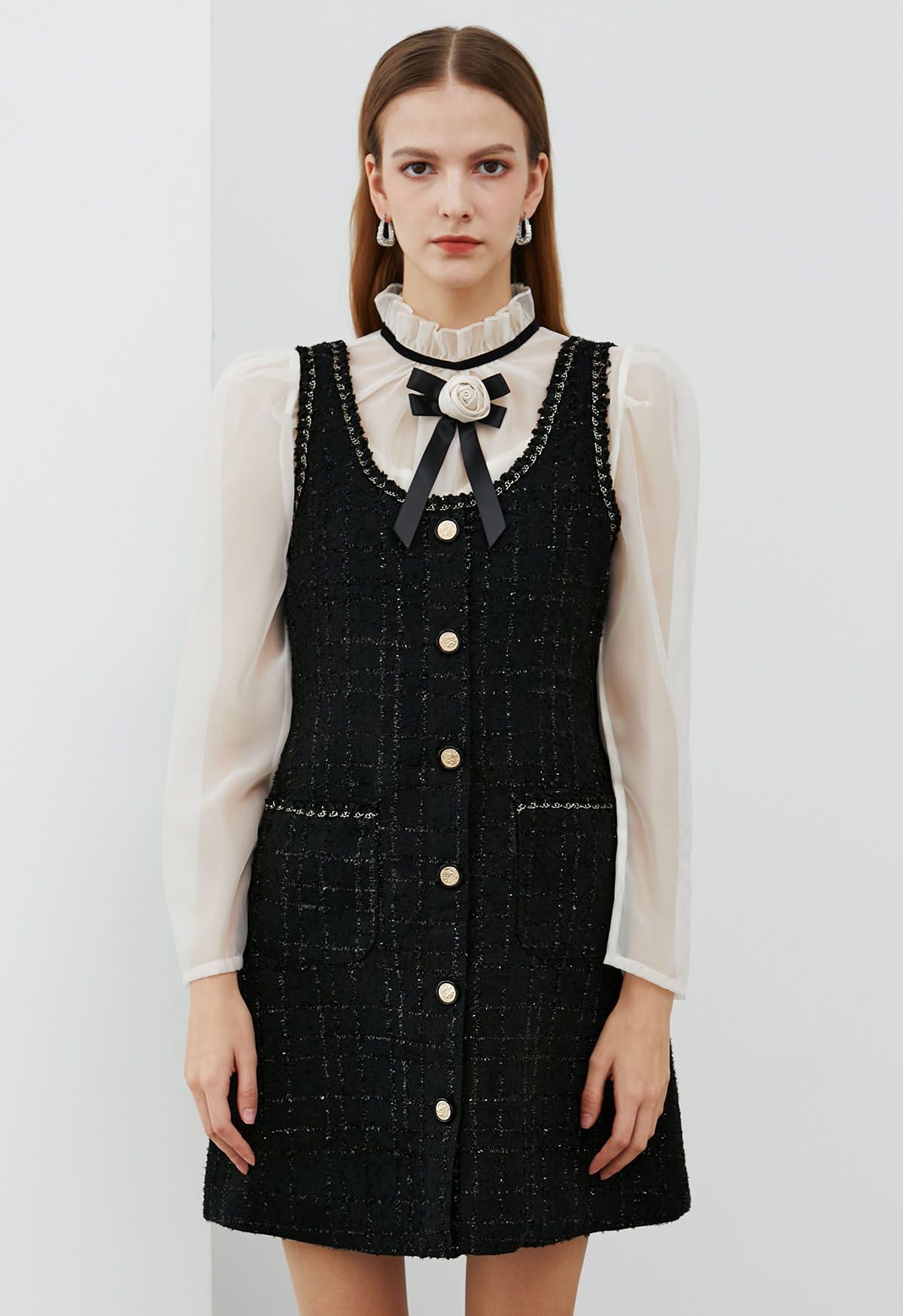 Plaid Patch Pocket Tweed Vest Dress | Chicwish