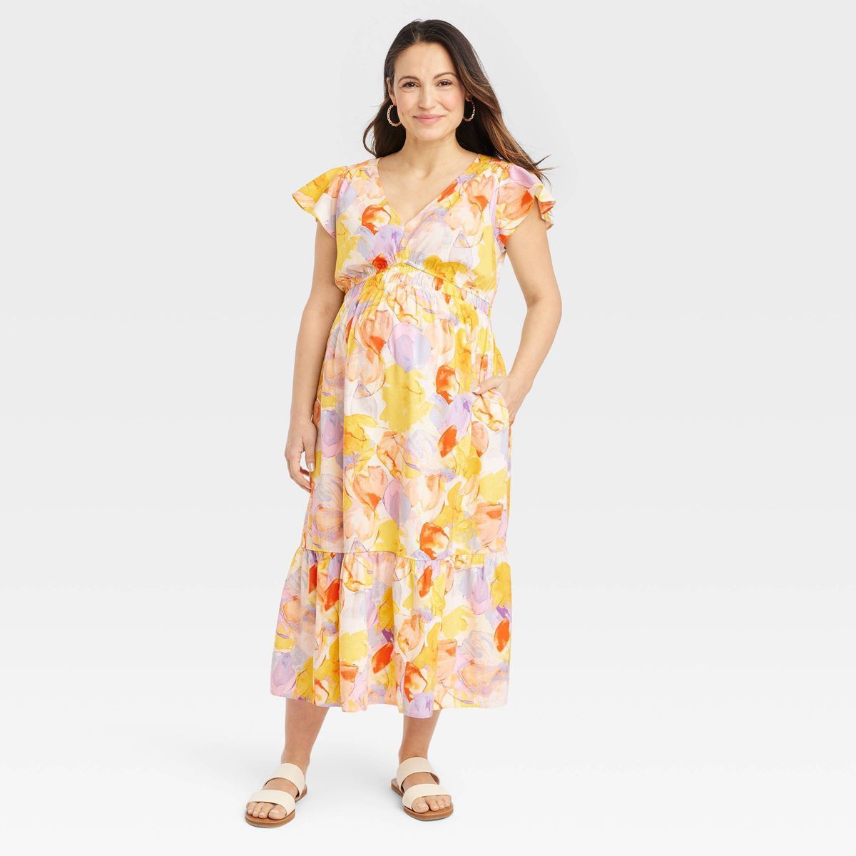 Flutter Sleeve Short Woven Maternity Dress - Isabel Maternity by Ingrid & Isabel™ Yellow Floral... | Target