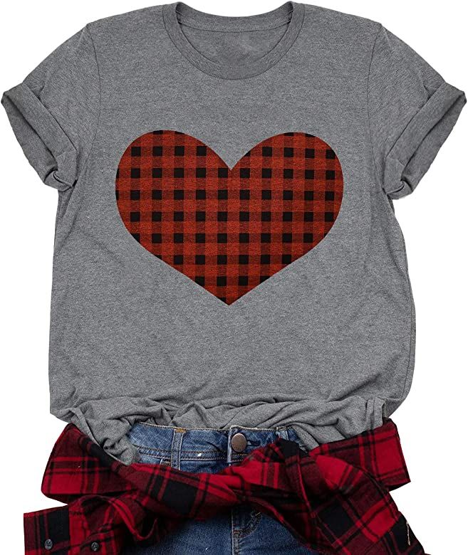 Buffalo Plaid Heart Shirt Top Womens Valentine's Day T Shirt Short Sleeve Cute Graphic Print Tee | Amazon (US)