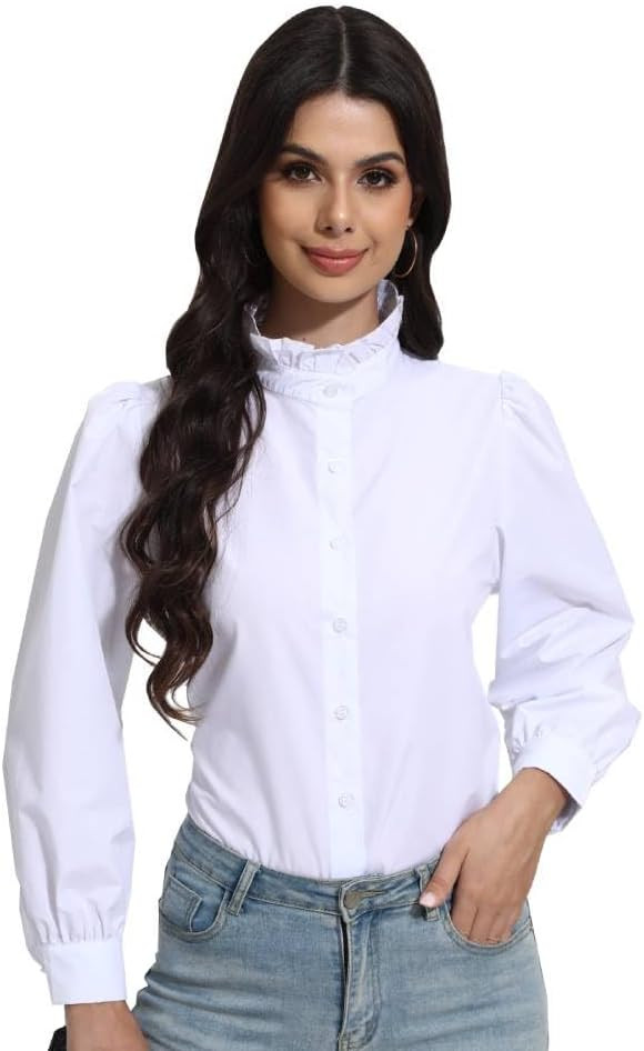 SUNNOW Women's White Button Down Shirt Ruffle Stand Collar Long Sleeve Blouse Business Casual Top | Amazon (US)
