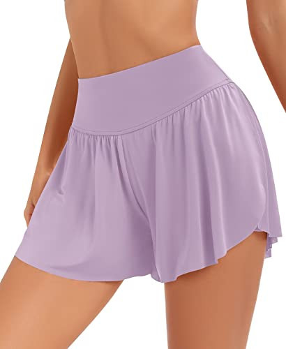 Flowy Athletic Shorts for Women Butterfly Running Athletic Shorts Tennis Skirts 2 in 1 High Waisted Workout Active Gym Yoga with Pockets(High Waist Light Purple,Medium) | Amazon (US)