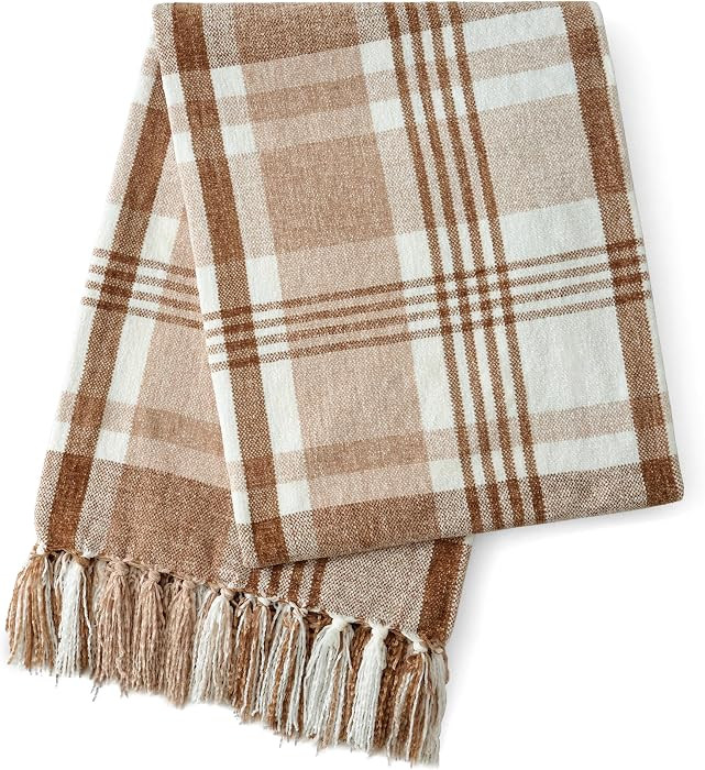 Carriediosa Chenille Throw Blanket Knotted Tassels 60x80, Light Brown Plaid | Amazon (US)